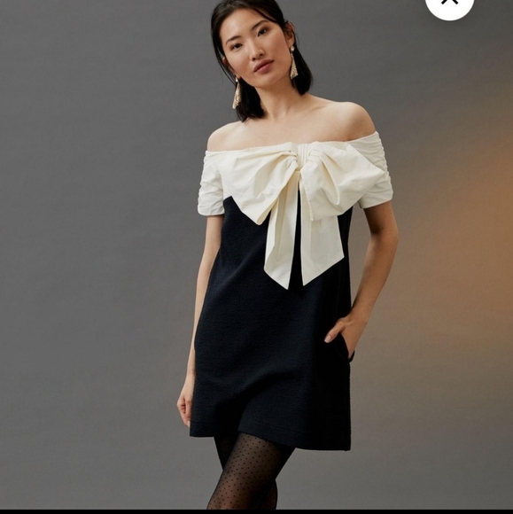 Maeve Anthropologie Off the Shoulder Bow Colorblock Shift Mini Dress - Picture 1 of 11